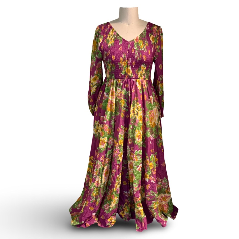 Baacal Purple Floral Smocked Maxi Dress